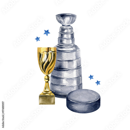 Canvas Print Hockey Silver and Golden Cup award in a hockey match, puck with blue watercolor