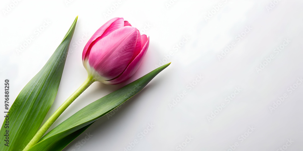 Naklejka premium Single pink tulip with green stem and leaves isolated on background, tulip, pink, flower, green, stem, leaves, isolated,background