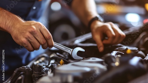 A mechanic is working on a car's engine.