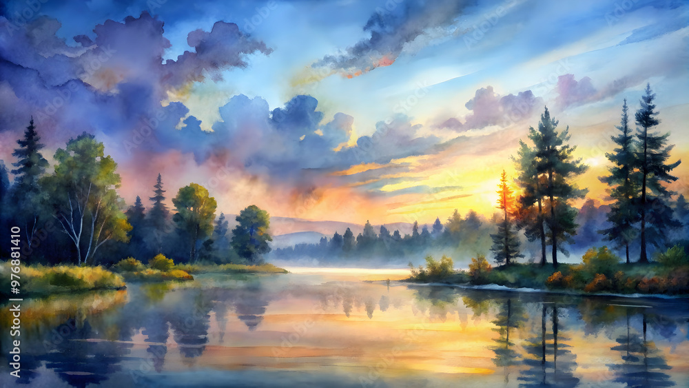 Watercolor painting of a serene landscape in twilight time, watercolor, painting, landscape, twilight, dusk, peaceful, serene Watercolor painting of a serene landscape in twilight time, watercolor, painting, landscape, twilight, dusk, peaceful, serene