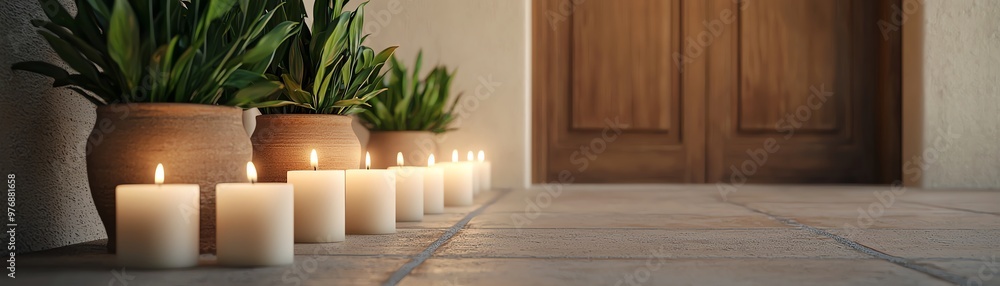A serene entrance with lit candles and potted plants, creating a warm and inviting atmosphere for relaxation or meditation. A serene entrance with lit candles and potted plants, creating a warm and inviting atmosphere for relaxation or meditation.