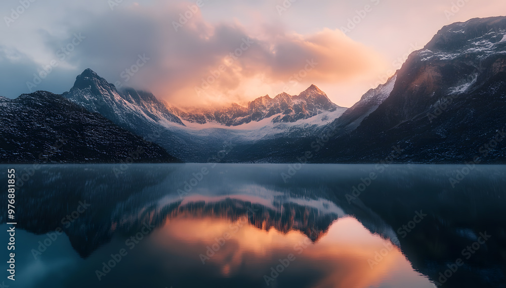 Nature Bliss: A serene mountain landscape with a lake reflecting the snowy peaks at sunrise Nature Bliss: A serene mountain landscape with a lake reflecting the snowy peaks at sunrise