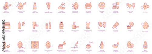 Comprehensive Facial Care Icons: Vitamin C, Hyaluronic Acid, Retinol, SPF, Collagen, Niacinamide, Anti-Aging, Face Mask, Exfoliating, Facial Toner, Zinc Oxide, Moisturizing, Lip Balm, Cleansing Foam 