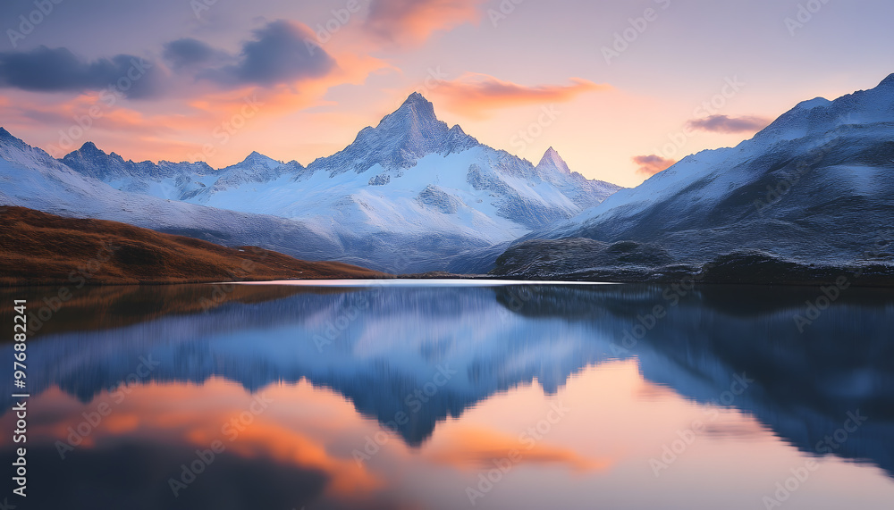 Nature Bliss: A serene mountain landscape with a lake reflecting the snowy peaks at sunrise Nature Bliss: A serene mountain landscape with a lake reflecting the snowy peaks at sunrise