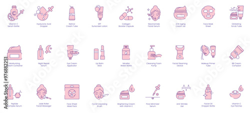 Complete Skincare Routine Icons: Vitamin C, Hyaluronic Acid, Retinol, SPF, Collagen, Niacinamide, Anti-Aging, Face Mask, Exfoliating, Moisturizing, Night Repair, Eye Cream, Lip Balm, Cleansing Foam 
