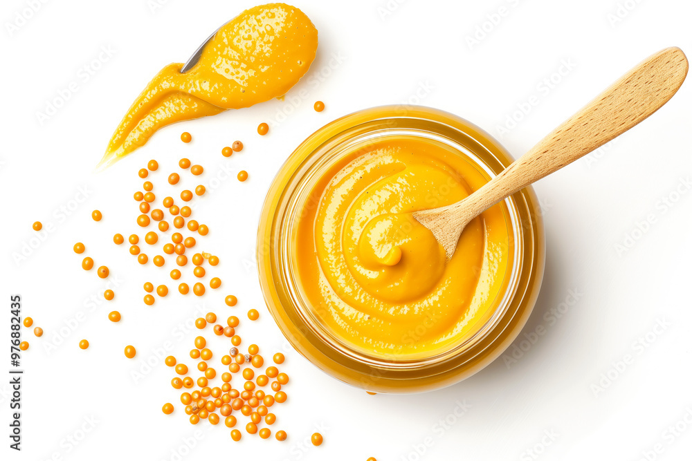 Yellow mustard seeds in a wooden scoop and bowl on white background Yellow mustard seeds in a wooden scoop and bowl on white background