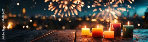 Vibrant candles glow on a wooden table, illuminating a festive night with colorful fireworks in the background, creating a magical atmosphere.