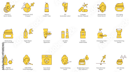 Skincare Treatment Icons: Vitamin C, Hyaluronic Acid, Retinol, SPF, Collagen, Niacinamide, Anti-Aging, Moisturizing, Night Repair, Eye Cream, Lip Balm, Cleansing Foam, Facial Steamer, Peptide 
