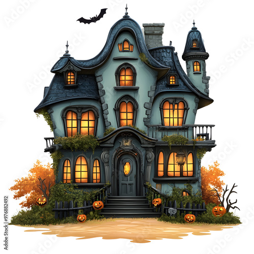 Whimsical Haunted Mansion with Pumpkins and Bats in Cartoon Halloween Style