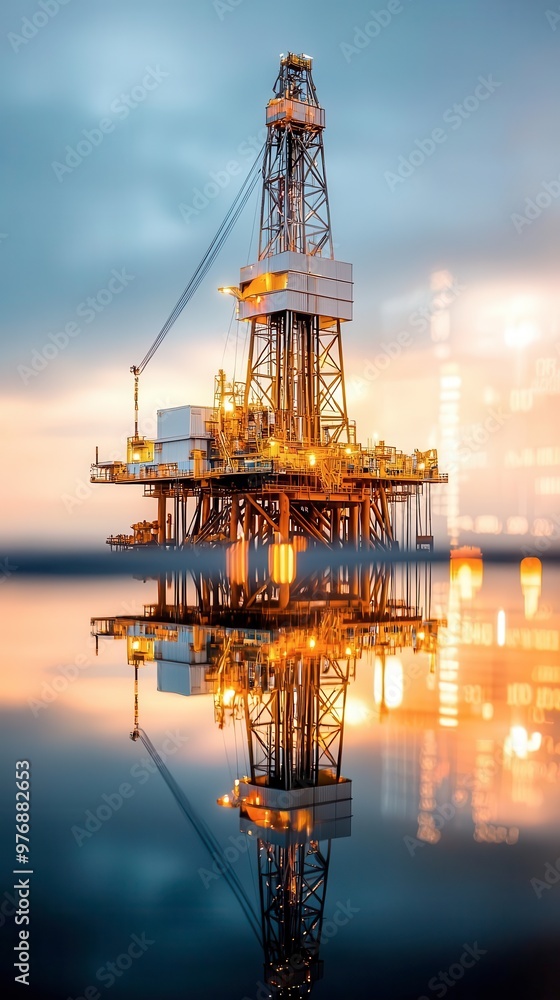 A vibrant offshore oil rig reflects in calm waters under a colorful sky, showcasing industrial technology and energy production. A vibrant offshore oil rig reflects in calm waters under a colorful sky, showcasing industrial technology and energy production.