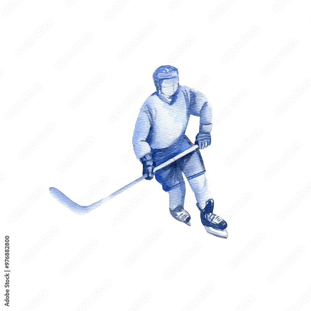 Fototapeta premium hockey player with stick in motion, skating on the ice during the match, hand drawn watercolor sketch of ice sport theme, illustration on white background, for hockey decoration