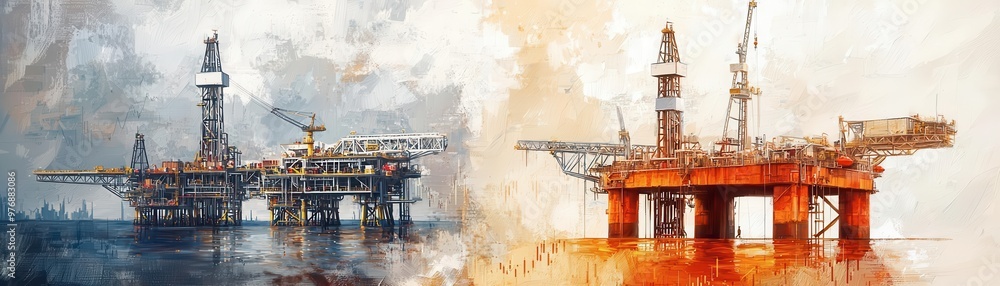 Two oil rigs stand in contrast, set against a dramatic sky, reflecting industrial progress and energy exploration over the water. Two oil rigs stand in contrast, set against a dramatic sky, reflecting industrial progress and energy exploration over the water.