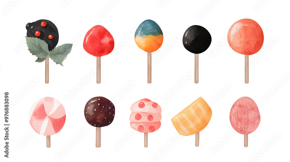 Rainbow swirl lollipop on a stick, twisted candy in watercolor style, isolated on a white background.
Rainbow swirl lollipop on a stick, twisted candy in watercolor style, isolated on a white background.