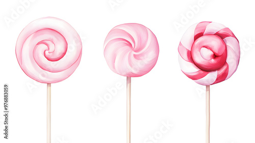 Pink swirl lollipop on a stick, twisted candy in watercolor style, isolated on a white background. 