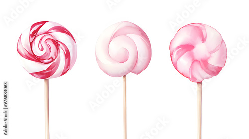 Pink swirl lollipop on a stick, twisted candy in watercolor style, isolated on a white background. 