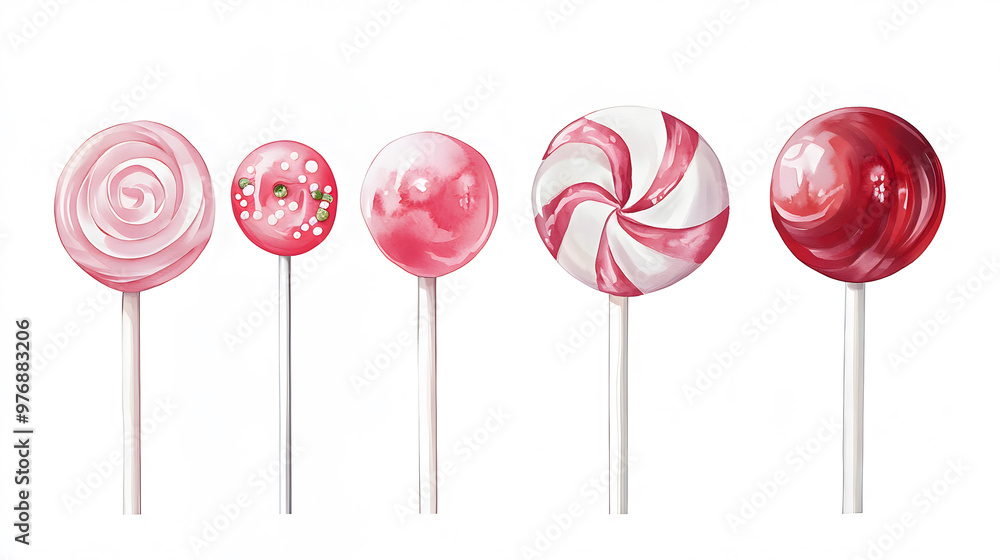 Pink swirl lollipop on a stick, twisted candy in watercolor style, isolated on a white background.
Pink swirl lollipop on a stick, twisted candy in watercolor style, isolated on a white background.