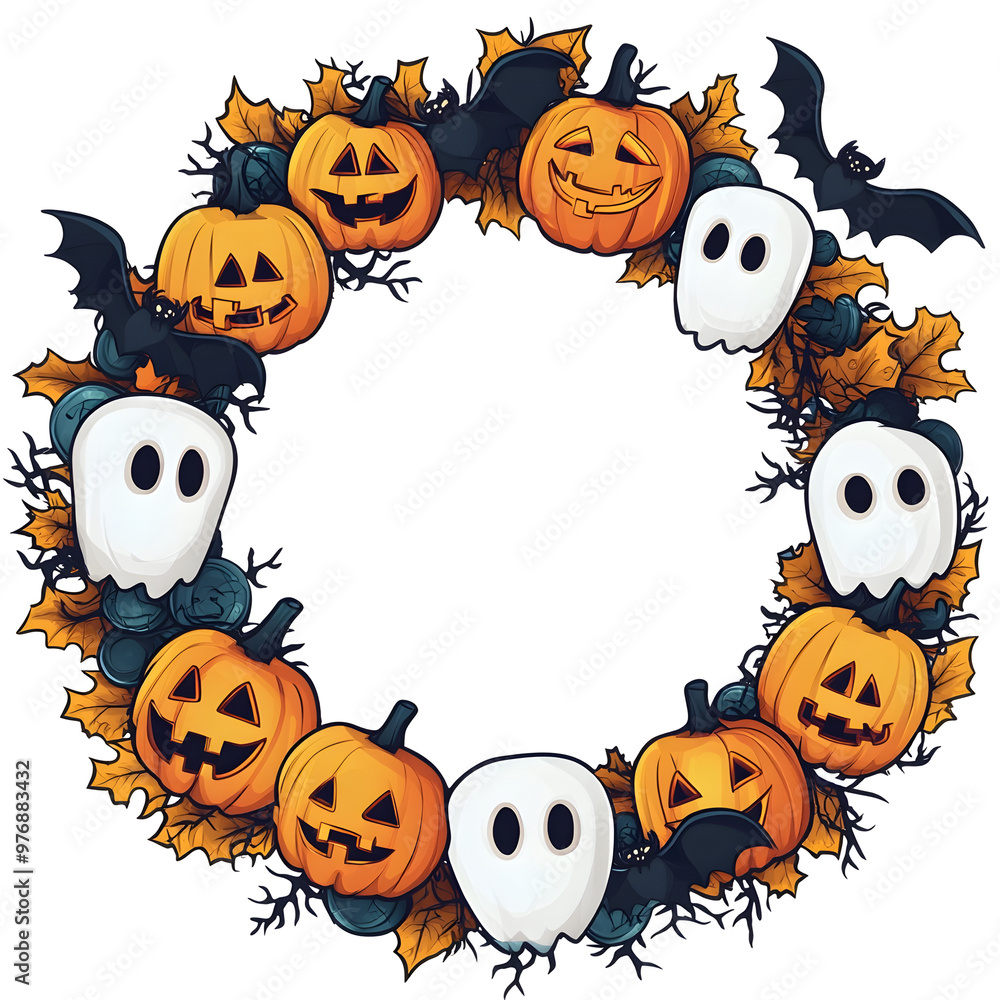Fototapeta premium Cute Halloween Wreath with Pumpkins Ghosts and Bats Cartoon