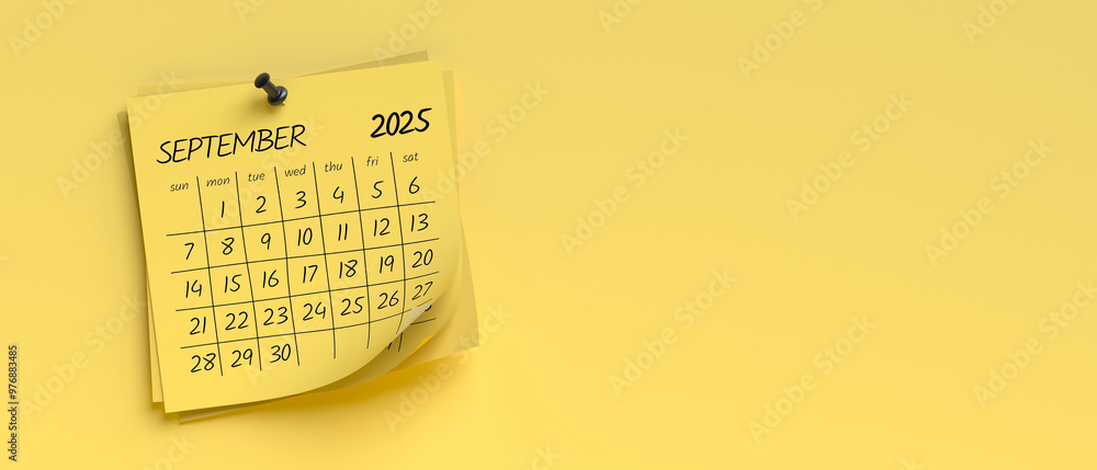 Naklejka premium September 2025 Calendar. Isolated on Yellow Background. 3d Rendering