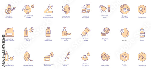 Skincare and Beauty Vector Icon Set with Vitamin C Bottle, Hyaluronic Acid Dropper, Collagen Booster, Niacinamide Serum, Exfoliating Scrub, Facial Toner, Omega 3, Salicylic Acid, Moisturizing Cream