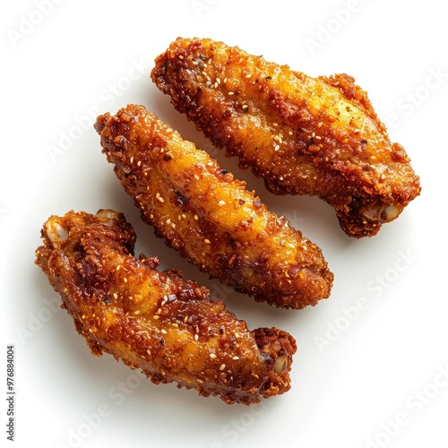 Breaded chicken wings deep fried on a white background 