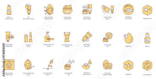 Skincare Essentials Icons: Retinol Cream Tube, SPF Sun Lotion, Niacinamide Facial Serum, Anti-Aging Cream Jar, Exfoliating Scrub Tube, Facial Toner Bottle, Omega-3 Fatty Acid, Salicylic Acid 