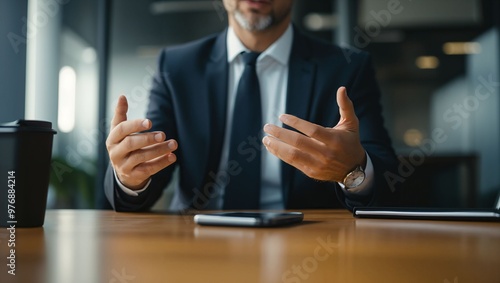 Engaged Conversation: A sharp-dressed professional animatedly discusses ideas in a modern office setting, capturing leadership in a dynamic digital world with natural lighting.