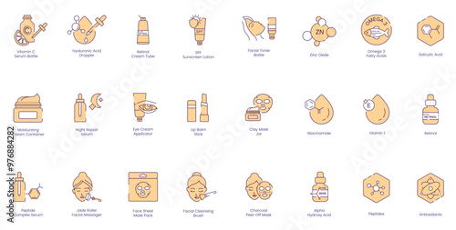Skincare Routine Icons: Vitamin C Serum Bottle, Hyaluronic Acid Dropper, Retinol Cream Tube, SPF Sunscreen Lotion, Facial Toner Bottle, Zinc Oxide, Omega 3 Fatty Acid, Salicylic Acid, Moisturizing 