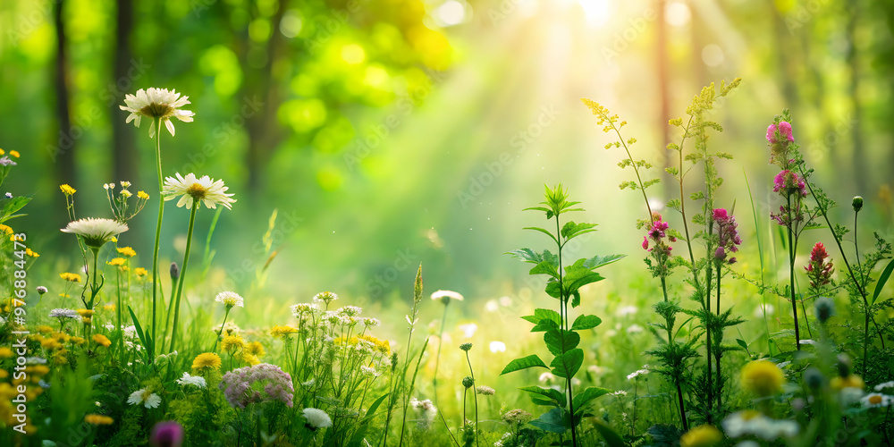 Fototapeta premium Green nature banner background with wild herbs, flowers and grasses in sunny summer forest, outdoor, nature, green, herbs
