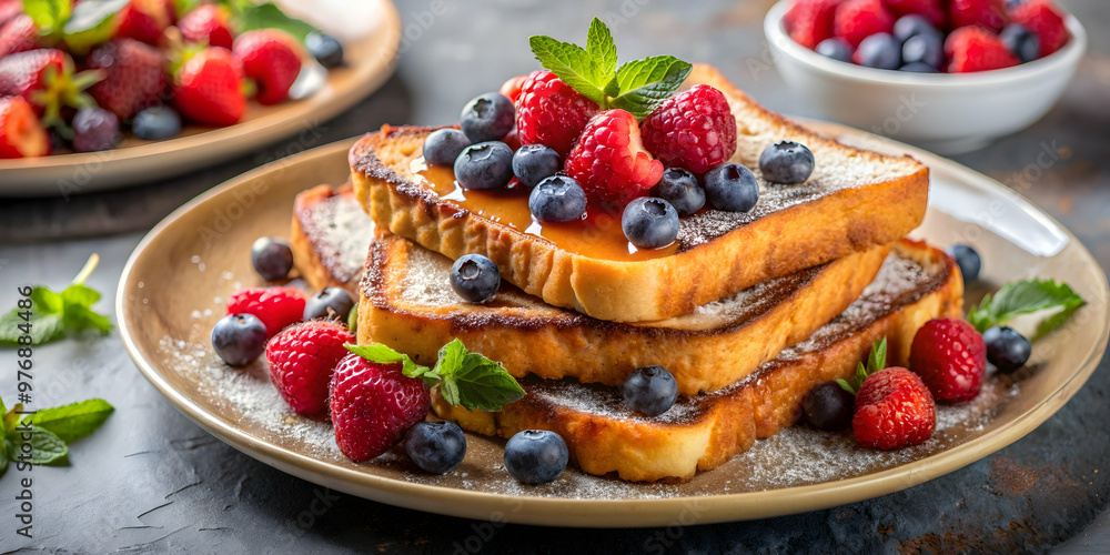 Delicious Berry Topped French Toast on rustic plate, French toast, berries, raspberries, blackberries, mint leaves, honey Delicious Berry Topped French Toast on rustic plate, French toast, berries, raspberries, blackberries, mint leaves, honey