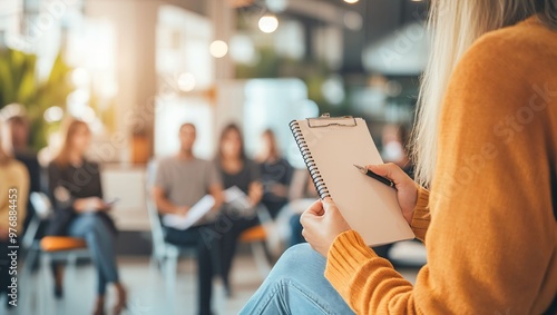 Engaged in Learning: A Participant Taking Notes in a Bright Setting, Surrounded by Peers, Capturing Valuable Insights During a Dynamic Group Session or Workshop.