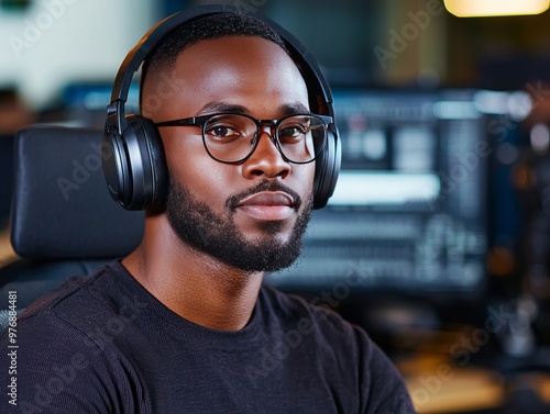 Focused man wearing headphones in a modern workspace, showcasing concentration and professionalism in a tech environment.