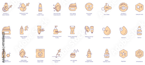 Skincare Essentials Icons: Vitamin C Serum Bottle, Hyaluronic Acid Dropper, Retinol Cream Tube, Niacinamide Facial Serum, Anti-Aging Cream Jar, Face Massage Sheet, Face Mask Sheet, Zinc Oxide, Omega-3