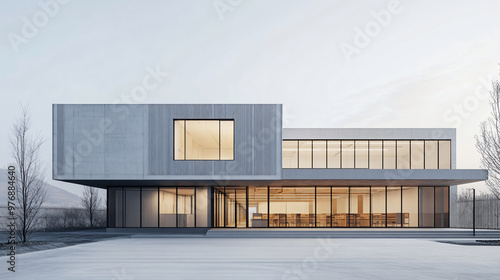 A minimalist modern school building with open and flexible classrooms.