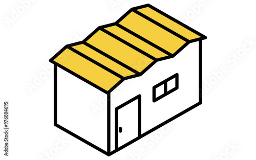 Small prefabricated shed, such as a shed, isometric illustration with simple line drawings