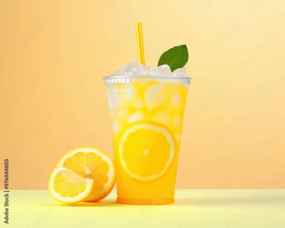 Summer lemonade in plastic transparent cup for takeaway, Lemonade to go Summer lemonade in plastic transparent cup for takeaway, Lemonade to go