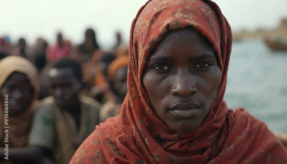 A Sudanese migrant refugee woman in a boat with a crowd of people A Sudanese migrant refugee woman in a boat with a crowd of people