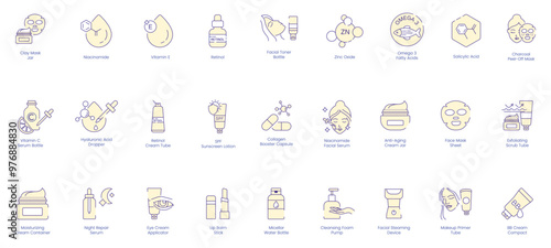 Facial Care Icons: Clay Mask Jar, Niacinamide, Vitamin E, Retinol, Facial Toner Bottle, Zinc Oxide, Omega-3 Fatty Acid, Salicylic Acid, Charcoal Peel-Off Mask, Vitamin C Serum Bottle, Hyaluronic Acid 