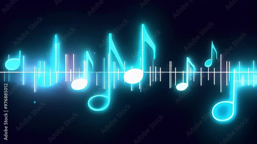 Glowing neon music notes and sound waves on dark background Glowing neon music notes and sound waves on dark background