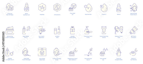Comprehensive Skincare Icons: Charcoal Peel-Off Mask, Alpha-Hydroxy Acid, Peptides, Antioxidants, Clay Mask Jar, Niacinamide, Vitamin E, Retinol, Face Serum, Moisturizing Cream Container 