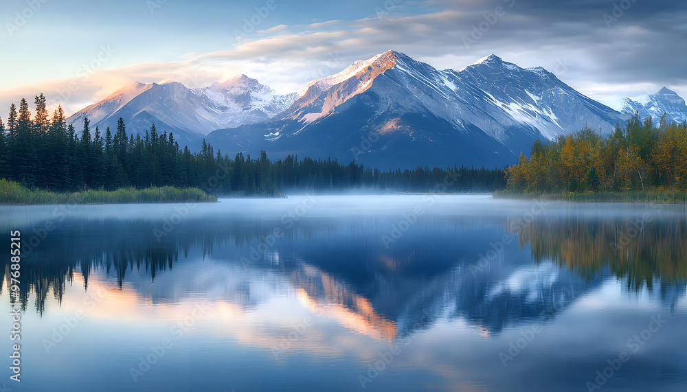 Nature Bliss: A serene mountain landscape with a lake reflecting the snowy peaks at sunrise Nature Bliss: A serene mountain landscape with a lake reflecting the snowy peaks at sunrise