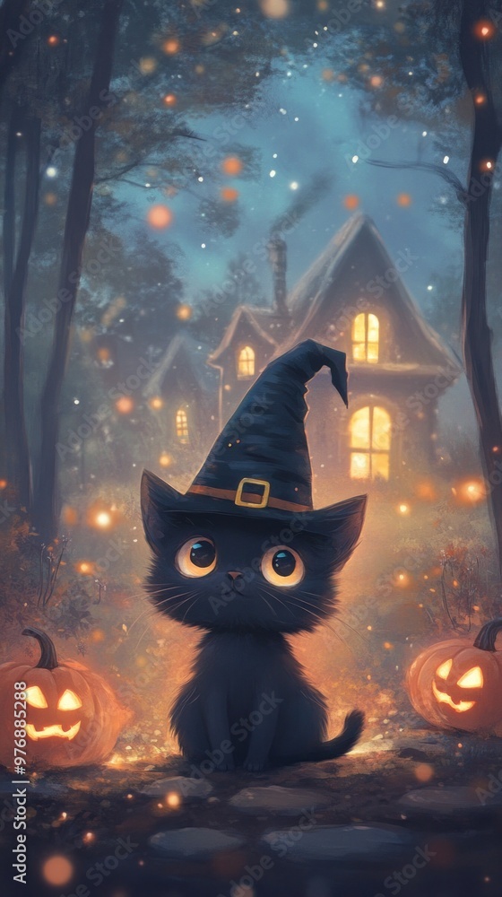 Black kitty with a witch hat, spooky house and glowing pumpkins for Halloween Black kitty with a witch hat, spooky house and glowing pumpkins for Halloween