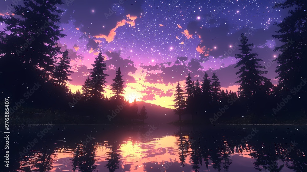 Serene twilight landscape with a colorful sky reflecting on a calm lake. Serene twilight landscape with a colorful sky reflecting on a calm lake.