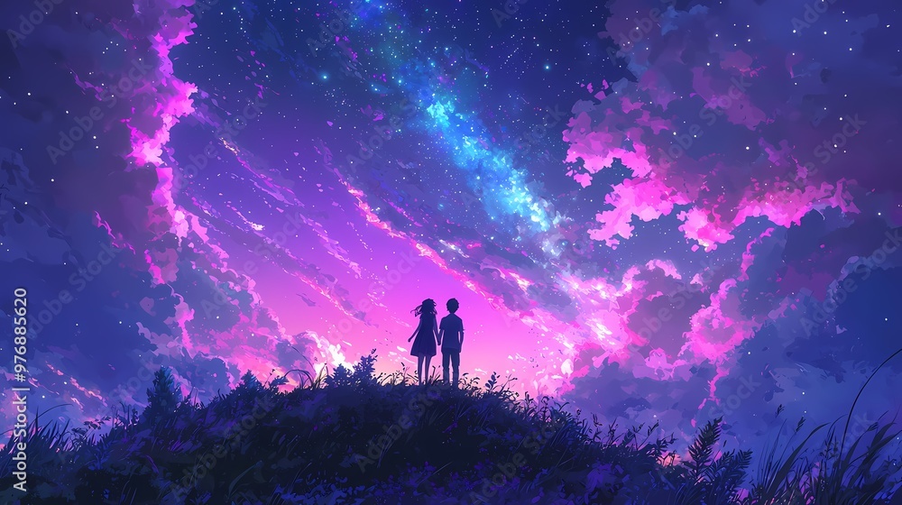Fototapeta premium A serene silhouette of a couple gazing at a vibrant, star-filled sky.
