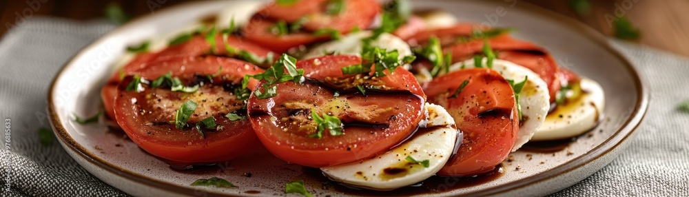 Fresh tomato and mozzarella salad with basil and olive oil on a wooden table, ideal for healthy meals and Mediterranean cuisine. Fresh tomato and mozzarella salad with basil and olive oil on a wooden table, ideal for healthy meals and Mediterranean cuisine.