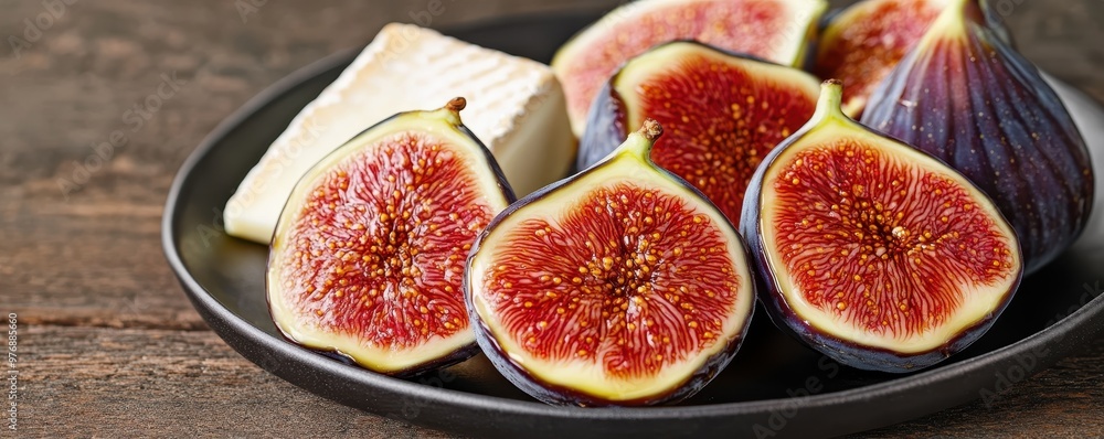 Freshly cut figs on a black plate, showcasing their vibrant red interior and delicious texture, perfect for culinary inspiration. Freshly cut figs on a black plate, showcasing their vibrant red interior and delicious texture, perfect for culinary inspiration.
