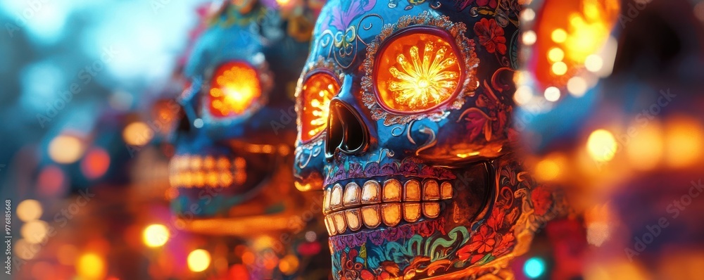 Fototapeta premium Colorful Sugar Skull with Lights and Bokeh