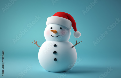 Hand drawn cartoon illustration of cute snowman wearing Santa hat 