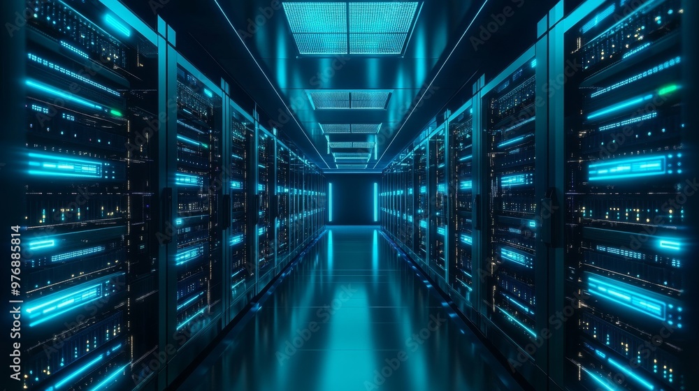 Virtual Fortress - Futuristic Data Servers with Glowing Blue Lights and Cyber Security Theme in Sleek Design Virtual Fortress - Futuristic Data Servers with Glowing Blue Lights and Cyber Security Theme in Sleek Design