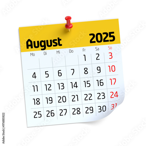 August Calendar 2025 in German Language. Isolated on White Background. 3D Illustration