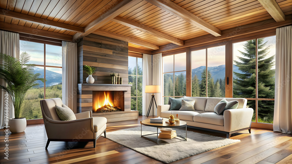 Cozy living room with fireplace, wood ceiling, and large windows, featuring a white chair and pillow Cozy living room with fireplace, wood ceiling, and large windows, featuring a white chair and pillow